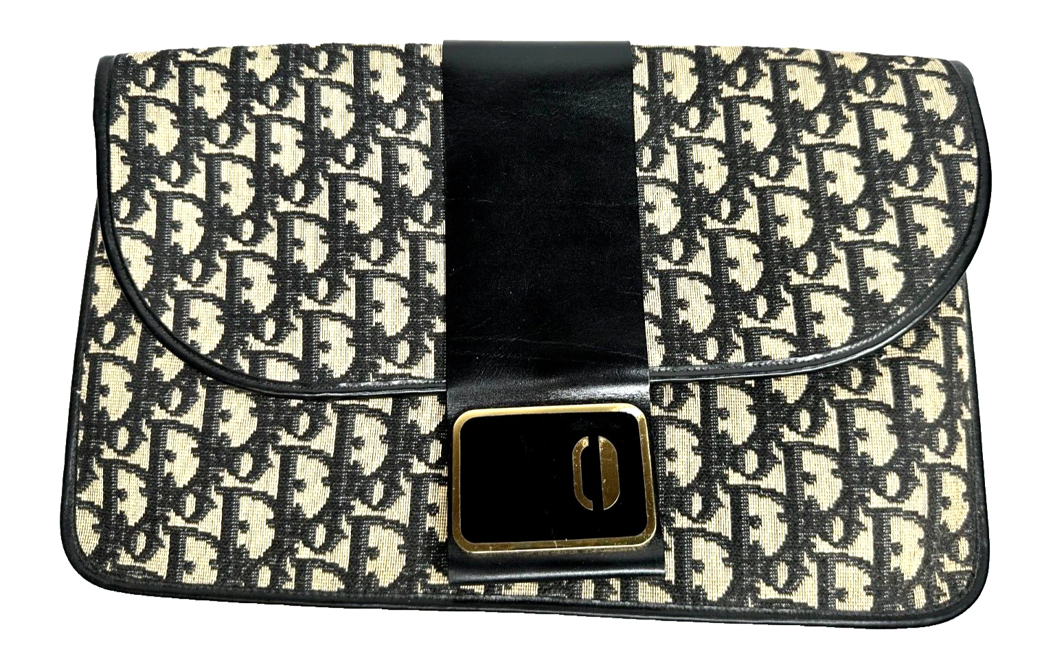 Sac à main pochette vintage années 70 Dior jacquard monogramme toile bordure cuir enveloppe