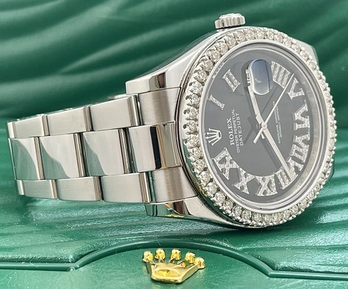 Rolex Men Datejust 41mm Oyster Steel Watch ICED 2.50ct Diamond Black Roman Dial - Picture 2 of 8