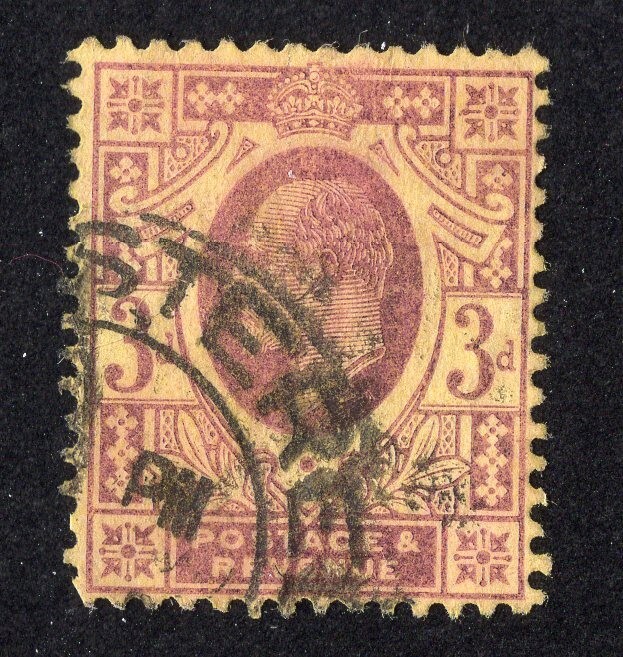 Great Britain 1902 3p dull purple on orange yellow, Scott 132 used, value = $19