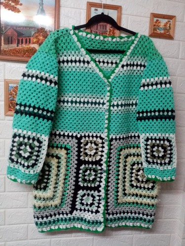 Handmade knitted crochet ladies one size long cardigan / coat soft