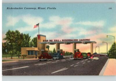 Ca. 1940s Rickenbacker Causeway Toll Booth Linen Postcard NOS Miami Florida FL