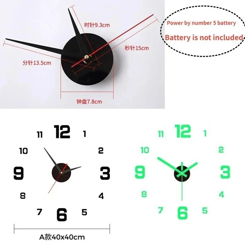 Glow in Dark 3D DIY Wall Clock Silent Modern Sticker Home Decor Large Gift - Image 2 of 2