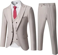 Wangyue Men's Suit Slim Fit Beige M 3 Piece 40R 34W Peak Lapel 1 Button