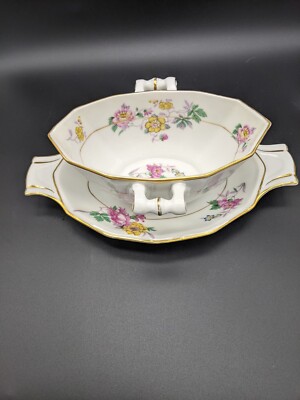 CROWN IMPERIAL CZECHOSLOVAKIA GRAVY BOAT W ATTACHED UNDERPLATE FLORAL IVORY ROSE