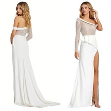 Mac Duggal One Shoulder Illusion Gown with Pearls  Rhinestones Ivory Size 6 NWT