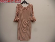 Blu Sage Women's Taupe Lace Round Neck Bell Sleeve Side Ruched Shift Dress, 16