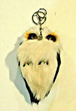 Faux Fur White Black Owl Keychain with Purse Clip with Glass Eyes - NEW
