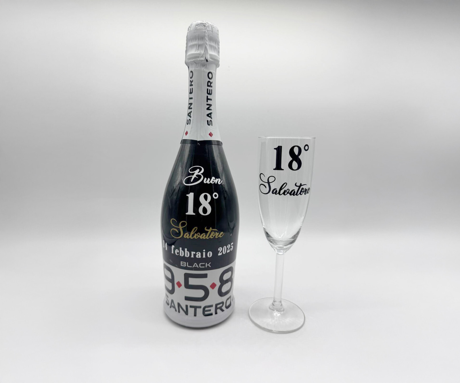 Personalisierte Flasche Santero 958 Party Geburtstag 18 Jahre Wünsche + Kelch