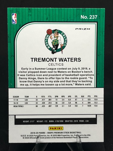 Tremont Waters 2019-20 NBA Hoops Premium Stock SILVER LAZER #237 Celtics Rookie - Picture 2 of 2