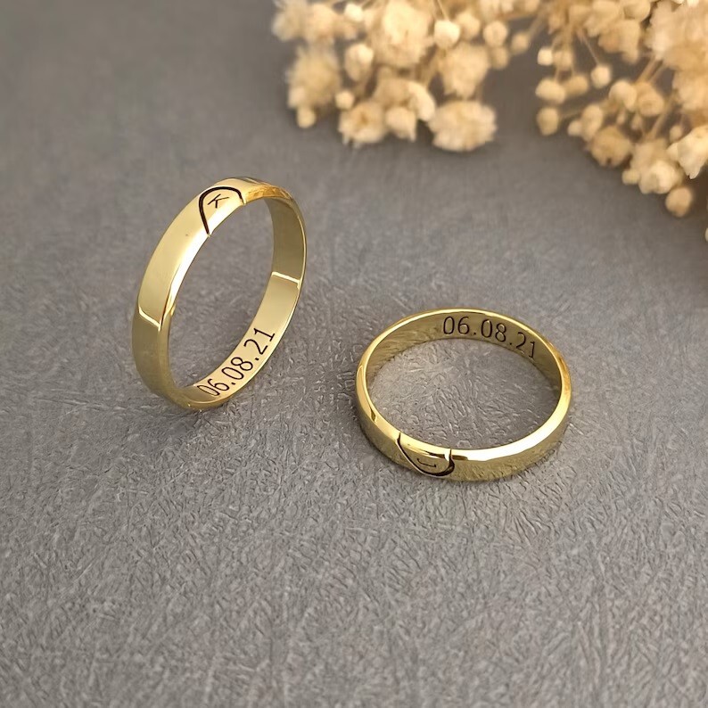 Customized Engraved Name Date Half Heart Ring For Couple In 10K
