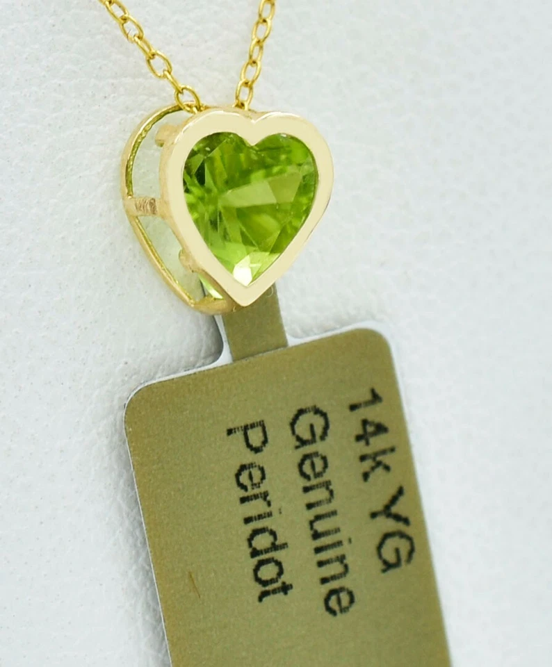 GENUINE 0.78 Cts PERIDOT HEART PENDANT 14K YELLOW GOLD - Free CHAIN - NWT - Image 2 of 3