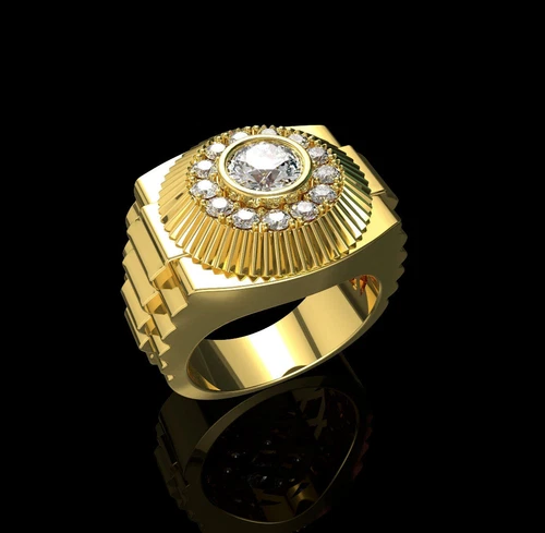 Men's 3.00 Ct Round Cut Real Moissanite Rolex Design Ring 14K Yellow Gold Plated