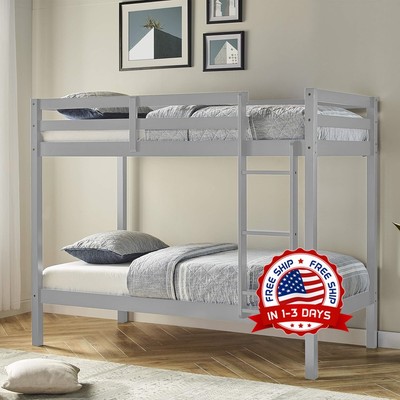 Twin Over Twin Bunk Bed Wood Gray Litera Cama Gris Cama Doble Encima Doble Bunk