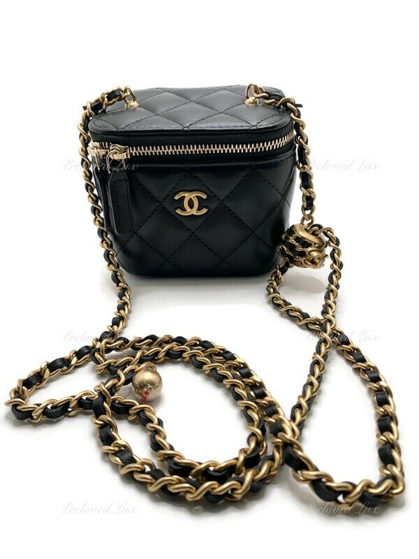 Authentic CHANEL Black Lambskin Pearl Crush Mini Vanity Case Bag Gold Hardware