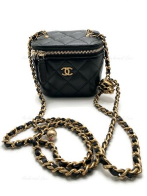 Authentic CHANEL Black Lambskin Pearl Crush Mini Vanity Case Bag