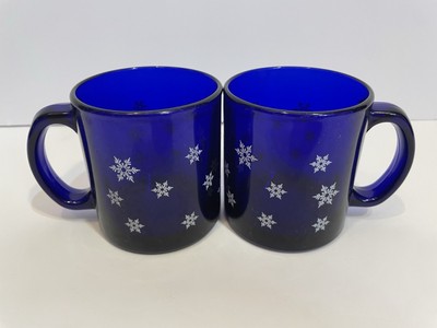 Vintage Libbey Coffee Mugs Cobalt Blue Christmas Snowflakes Mid Century USA Made