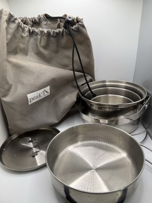 Peak 1 Camping Cook Set Pot Pan Stainless Steel Nesting w/ Bag 