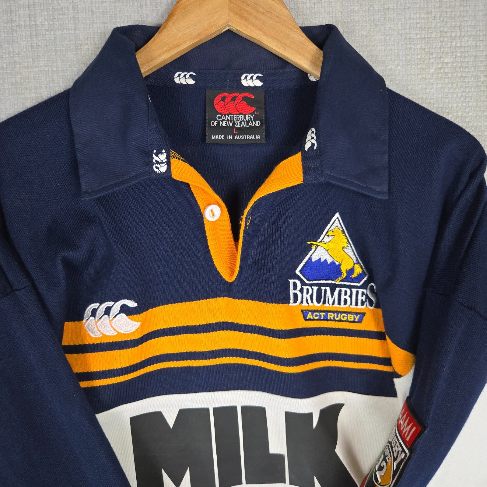 VTG 1998 CANTERBURY x ACT BRUMBIES Mens Large Cotton Ruby Polo Shirt Long Slv image 3
