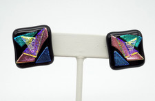 Vintage Artisan Dichroic Glass Square Earrings Black Pierced Iridescent