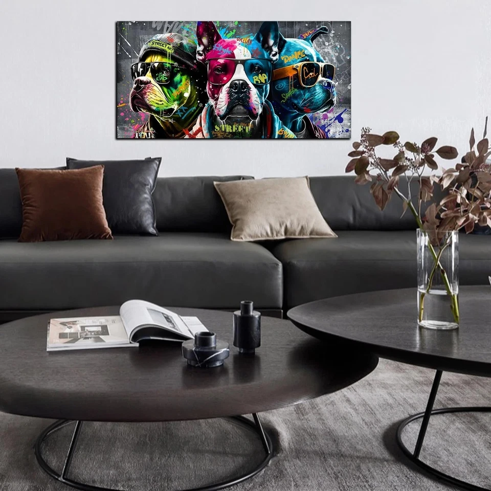 Arte de pared en lienzo grande Zoyotago para dormitorio sala de estar divertido graffiti foto de perro... Foto 2 de 4