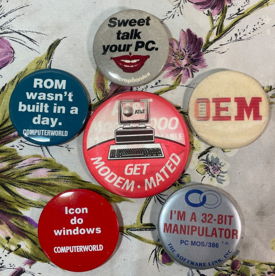A set of 6 vintage tech company enamel badges from the golden age of computing — IBM, AT&T, and friends as wearable retro-tech nostalgia.