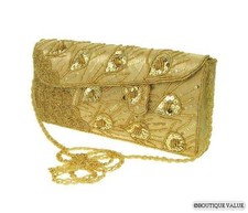 Gold Satin Beads Sequins Clutch Shoulder Envelope Evening Purse NEW