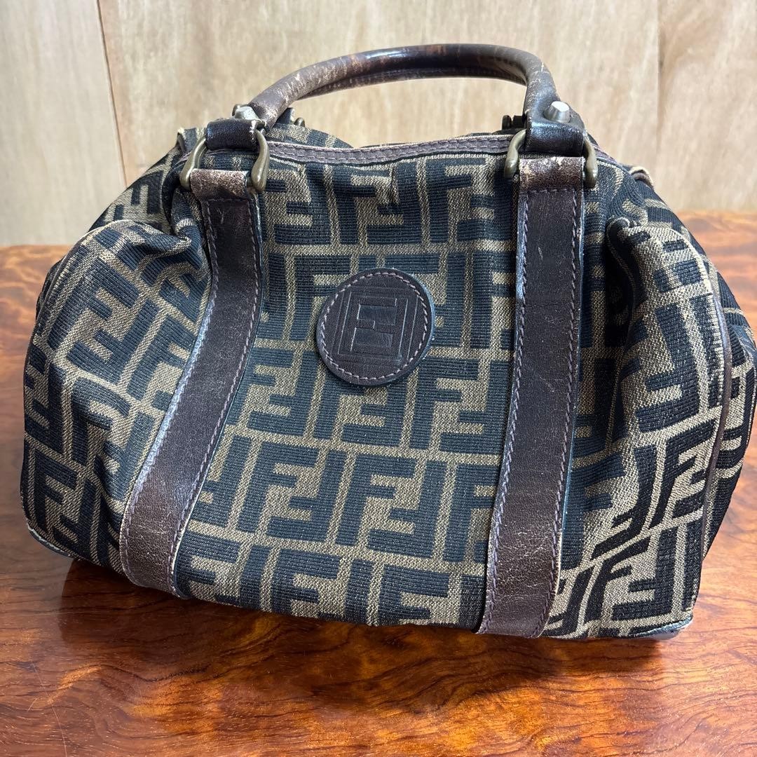 Fendi Logo Canvas Boston Bag Brown/Black Leather Trim Vintage Duffle Satchel