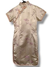 Vintage Girl's Qipao Chinese Dress Size 12 Gold w Pink Floral Pattern Silk Dress