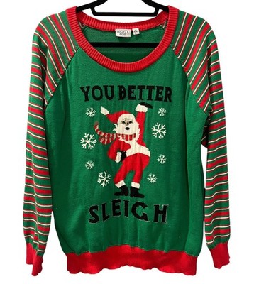Mighty Fine You Better Sleigh Ugly Christmas Sweater Sassy Santa Green Stripe M