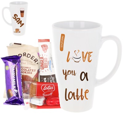 Personalisierte gefüllte große Tasse Geschenkset | Love You A Latte | Kaffeeliebhaber Tasse Geschenk