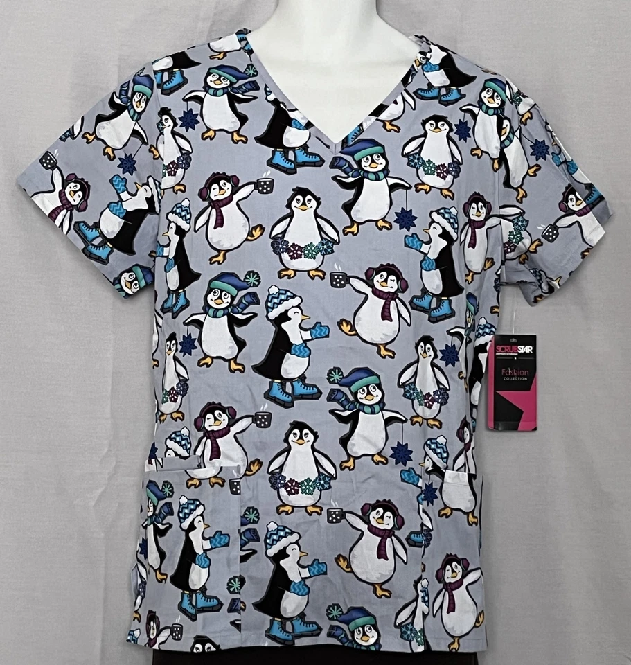 Women's Scrub Top Size Medium Penguins Winter Scrubstar V-Neck Nurse Doctor - Image 4 of 4