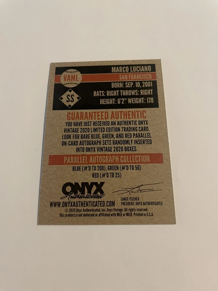 Marco Luciano auto autograph 2020 Onyx Vintage Blue Ink /200 - Giants - Image 2 of 2