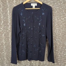Vintage Alfred Dunner Blue Floral Beaded Cardigan Button Up Women's Small