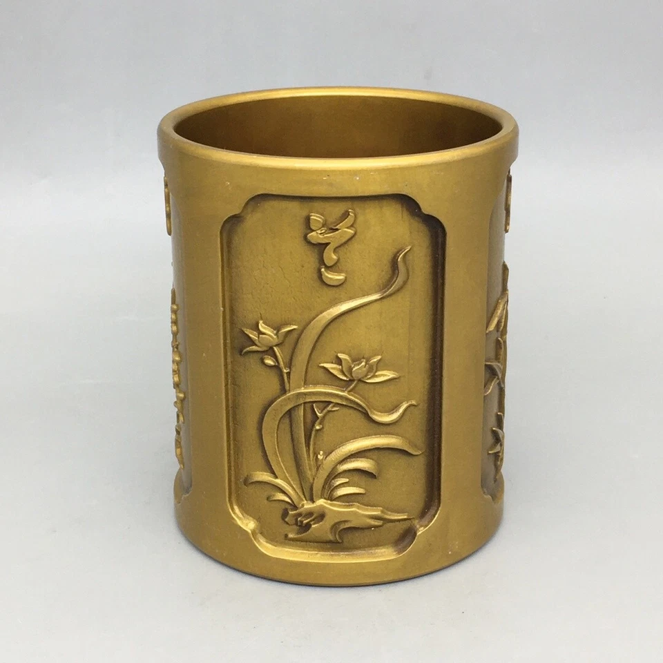 Коллекция китайских антикварных латунных изящно вырезанных цветов щетка горшок канцелярские принадлежности - Изображение 3 из 4