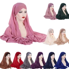 Muslim Women Chiffon Instant Hijab With Bonnet Inner Cap Pull On Wear Scarf Wrap
