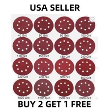 5" Sanding Discs 40 60 80 100 120 - 2000 Grit Assorted Hook & Loop 8-Holes