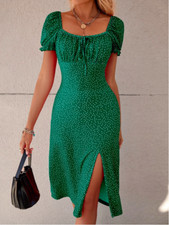 Green VCAY Polka Dot Puff Sleeve Tie Front Ruched Bust Slit Hem DressSz XS S M L