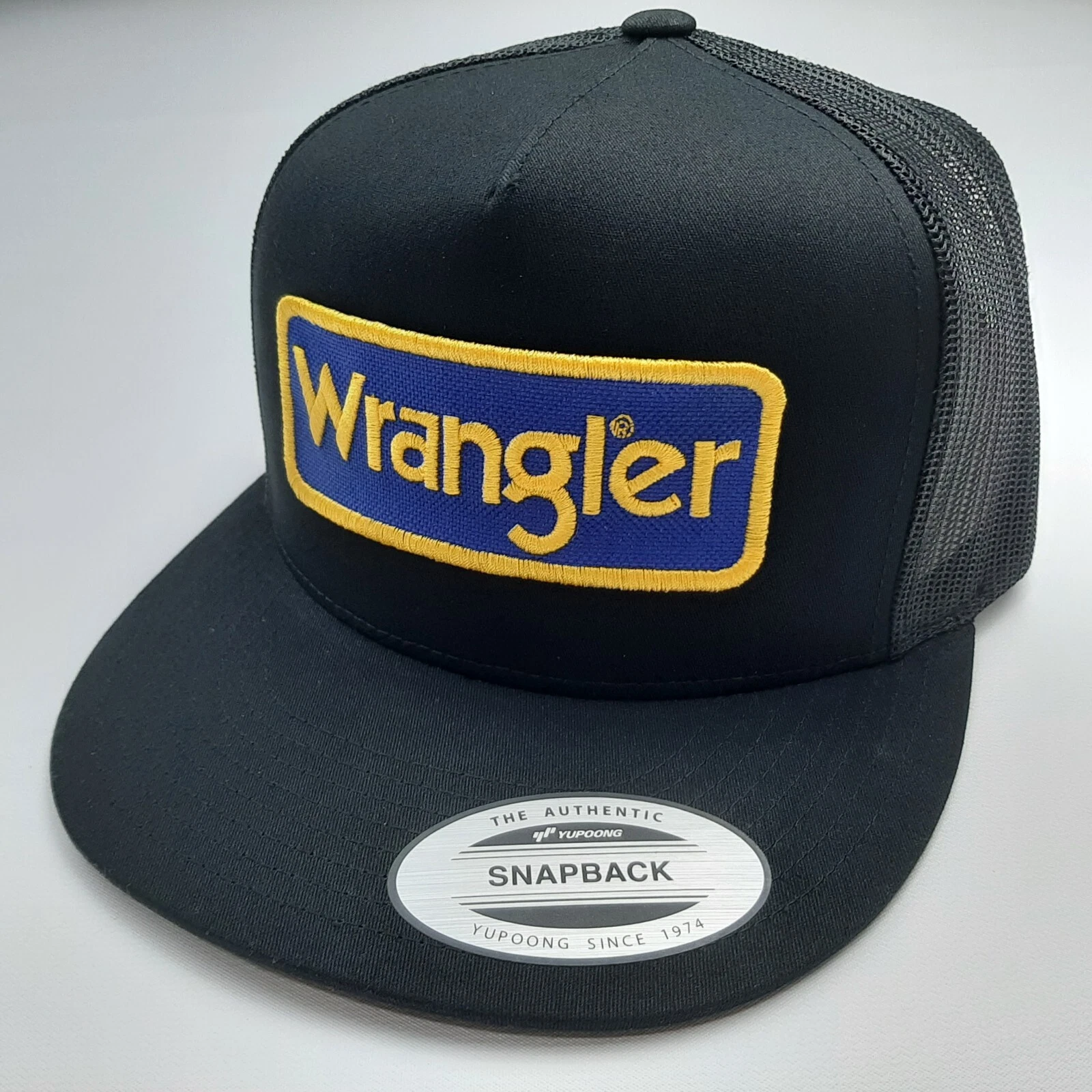 Wrangler Embroidered Patch Flat Bill Trucker Mesh Snapback Cap Black