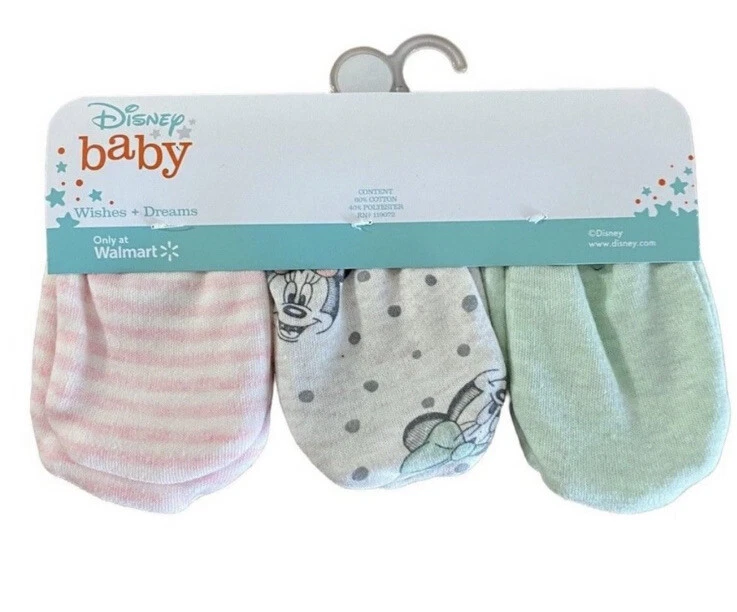 Disney Minnie Mouse Mitones Bebé Niña, Paquete de 3 Elásticos Sin Arañazos Bebé Nuevo Foto 3 de 4