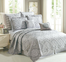 7-Piece Melody Grey Printed Microfiber Bedspread Set – Soft, Lightweight Queen