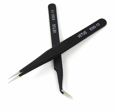 VETUS 2 PCS EYELASH EXTENSION TWEEZERS STRAIGHT & CURVED BLACK *USA SELLER*