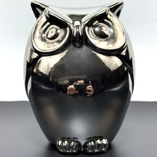 Silver Chrome Owl Piggy Bank Ceramic Coin Bank Modern 7 Inch Decor