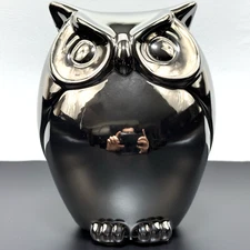 Chrome Silver Ceramic Owl Coin Bank 7” Modern Reflective Metallic Decor
