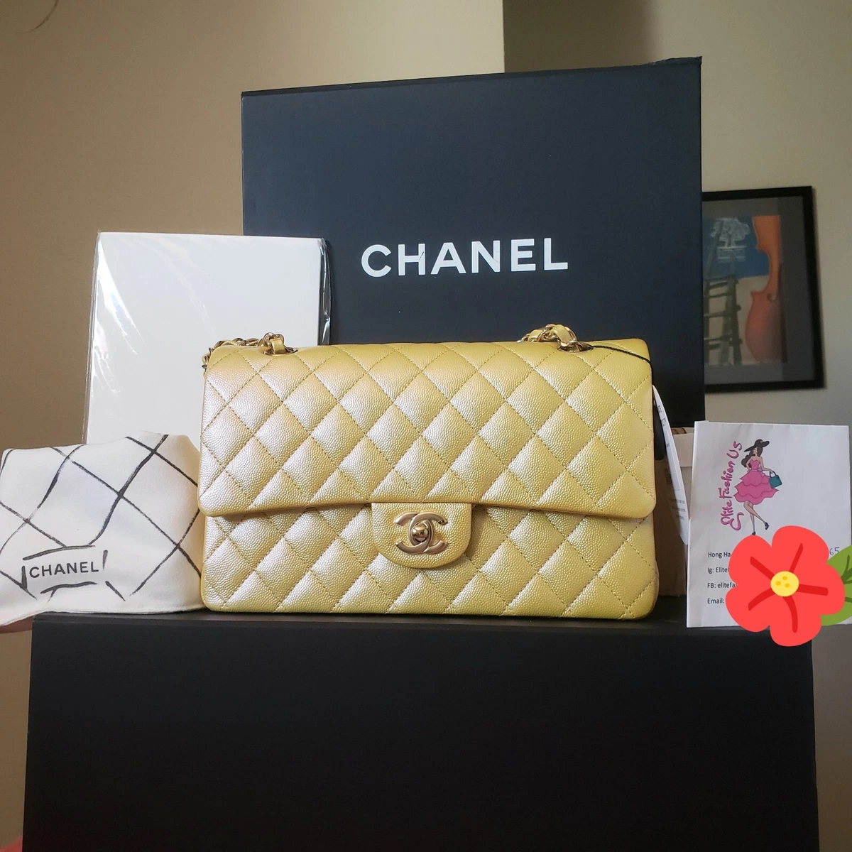 $10,200 CHANEL double Flap Classic Medium iridescent yellow caviar