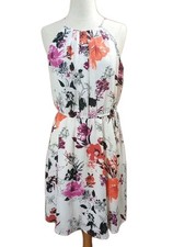 Ann Taylor LOFT Women's Halter Dress Sz M Sleeveless White Floral Satin Knee 