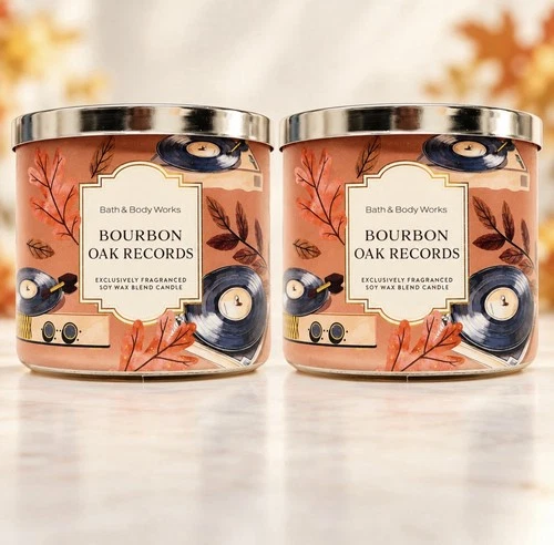 LOT OF 2 Bath & Body Works BOURBON OAK RECORDS 3-Wick Candle 14.5 FREE SHIPPING - product listing photo