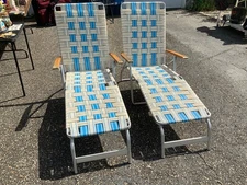 Vintage PAIR of Blue & Crème Webbed Outdoor Lawn Folding Lounge chairs