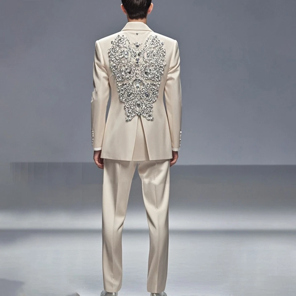 Traje de hombre con cuentas de estrás calce ajustado boda graduación novio esmoquin pico solapa negocios Foto 3 de 4