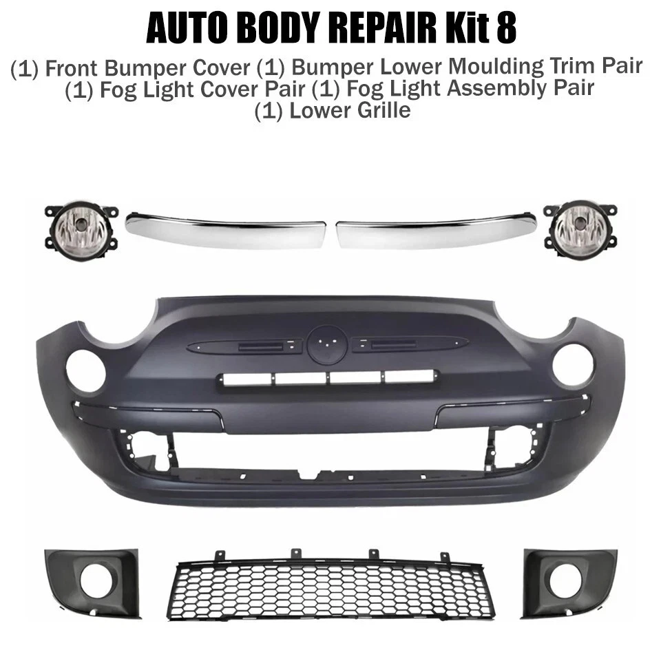 Front Bumper Cover Fascia & Fog Light Assembly For 2012-2017 Fiat 500 - Imagem 2 de 4
