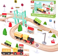 47Pcs Wooden Train Set for Toddlers, Wooden Train Track - Expandable and Changea